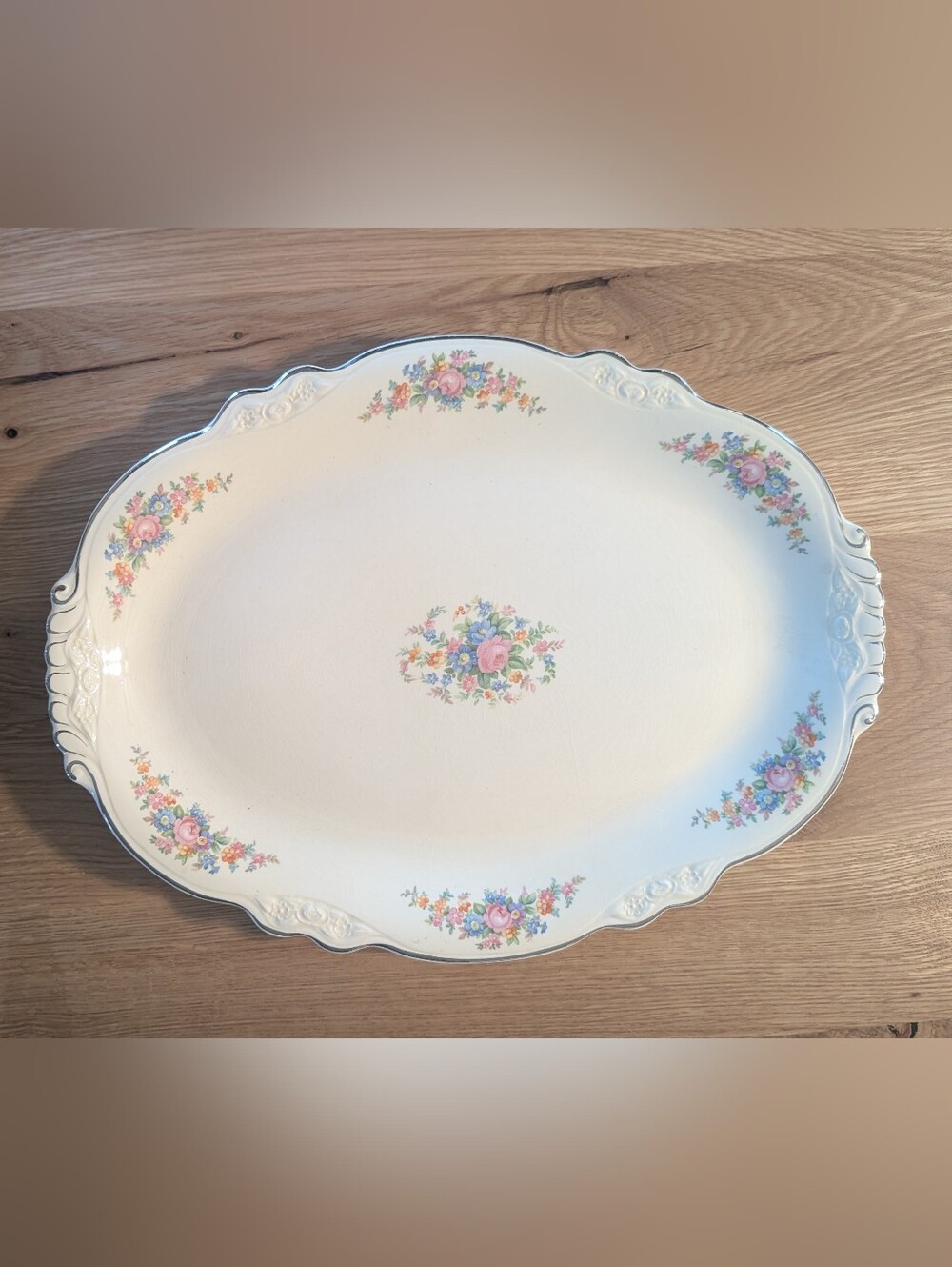 VTG Homer Laughlin 1933 Porcelain Serving Platter Pastel Floral and Silver